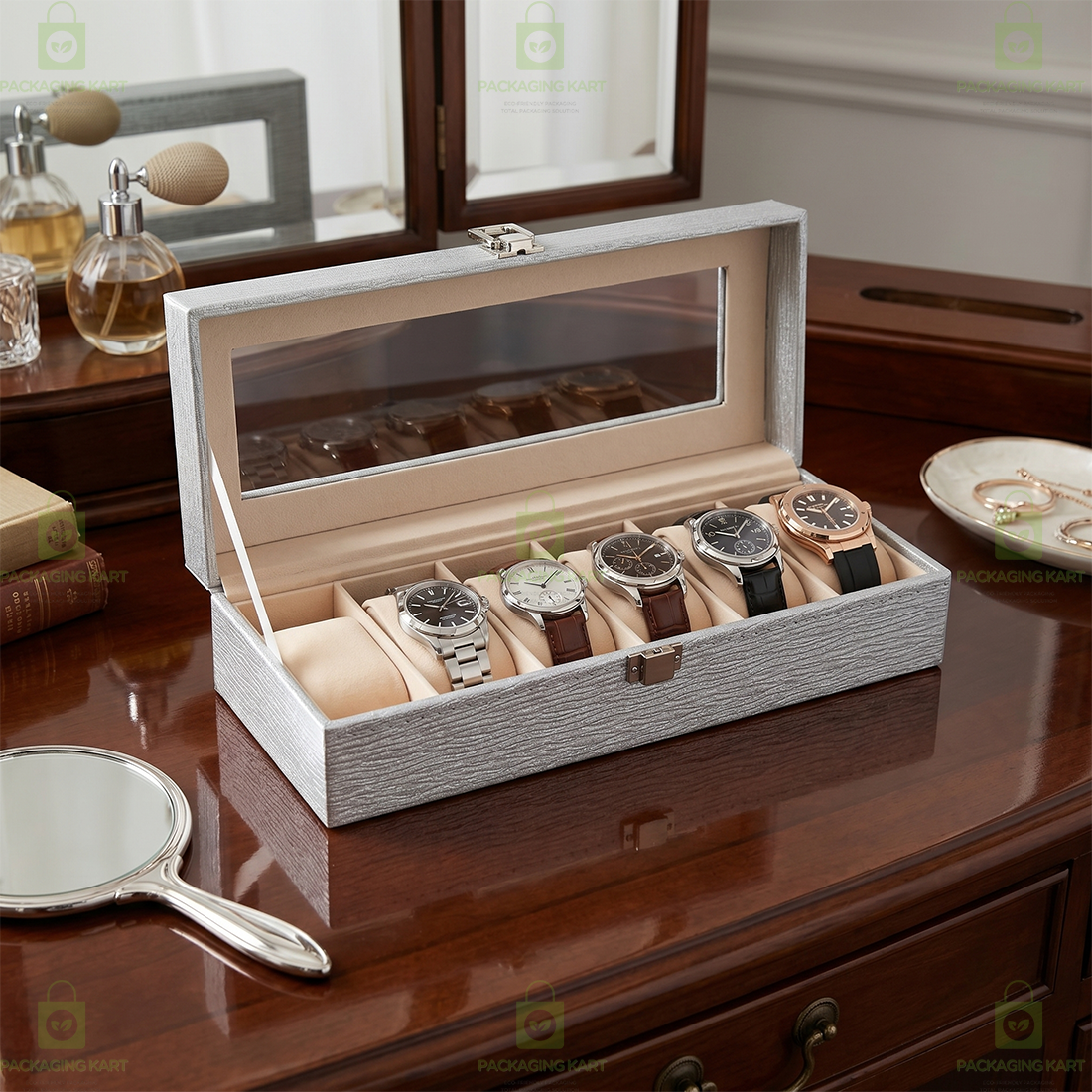 Designer Leather Watch Storage Box with 6 Velvet Watch Slots