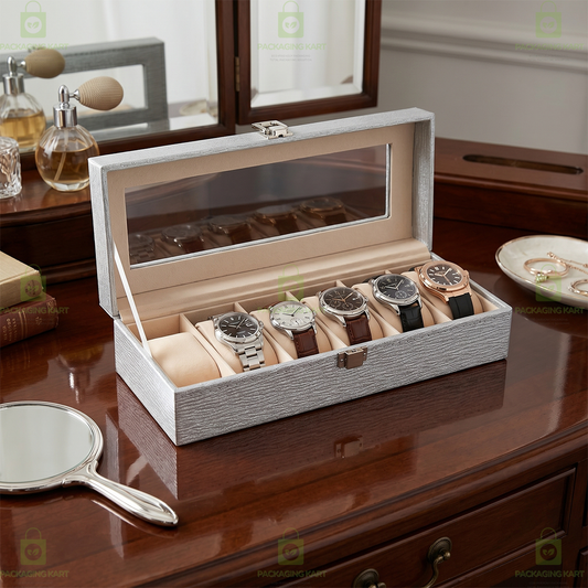 Designer Leather Watch Storage Box with 6 Velvet Watch Slots
