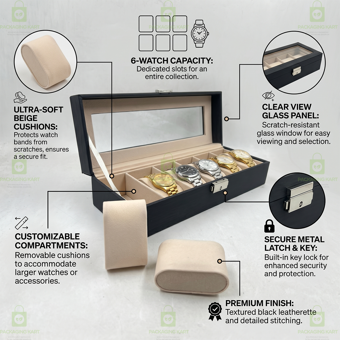 Premium 6 Compartments Velvet Watch Storage Box with Leather Finish