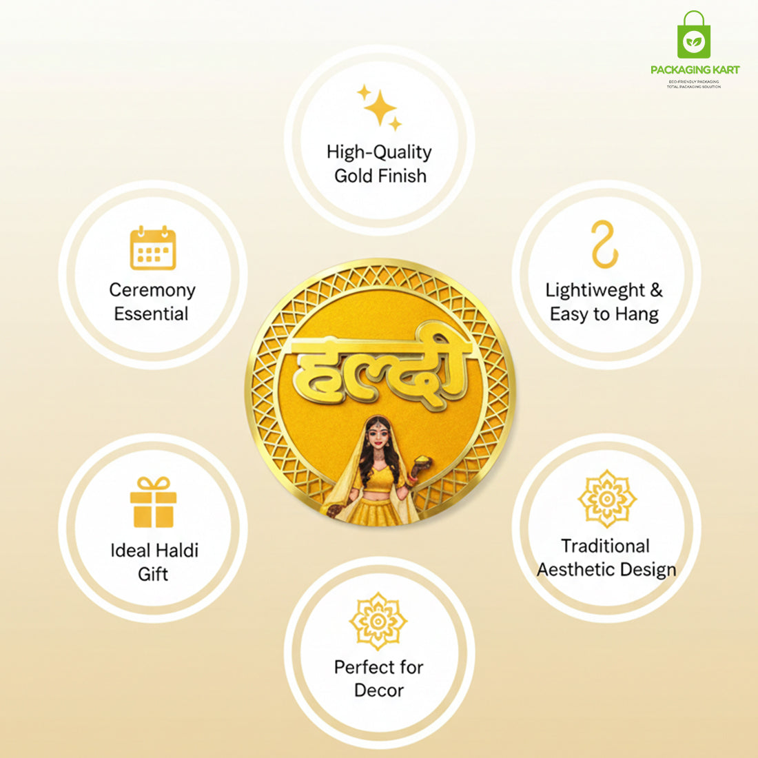 Haldi Decorations Door Board, Home Decoration Items for Wedding Ceremony Haldi, Mehndi, Subh Vivah, Shadi Wala Ghar Hanging Round Decoration (Yellow, Gold Embellishments)