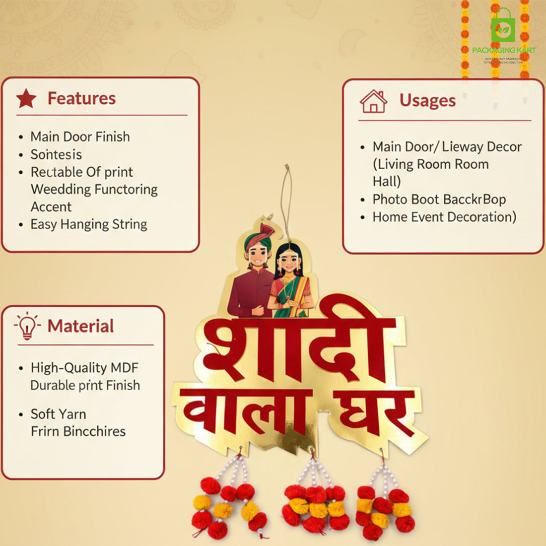 Shaadi Wala Ghar Wooden Hanging Sign Board | Wedding Decoration Door/Wall Hanging | MDF Round Cutout with Ganesh Design | Marriage Home Decor (Red & Gold)