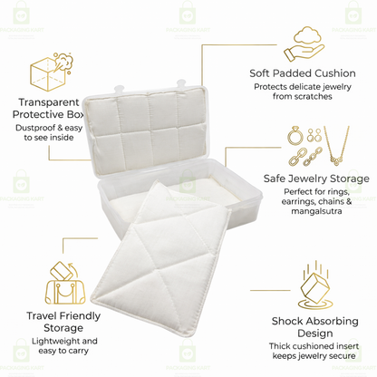 Transparent Plastic Jewellery Storage Box with Soft White Cushion Cotton Padding for Protection