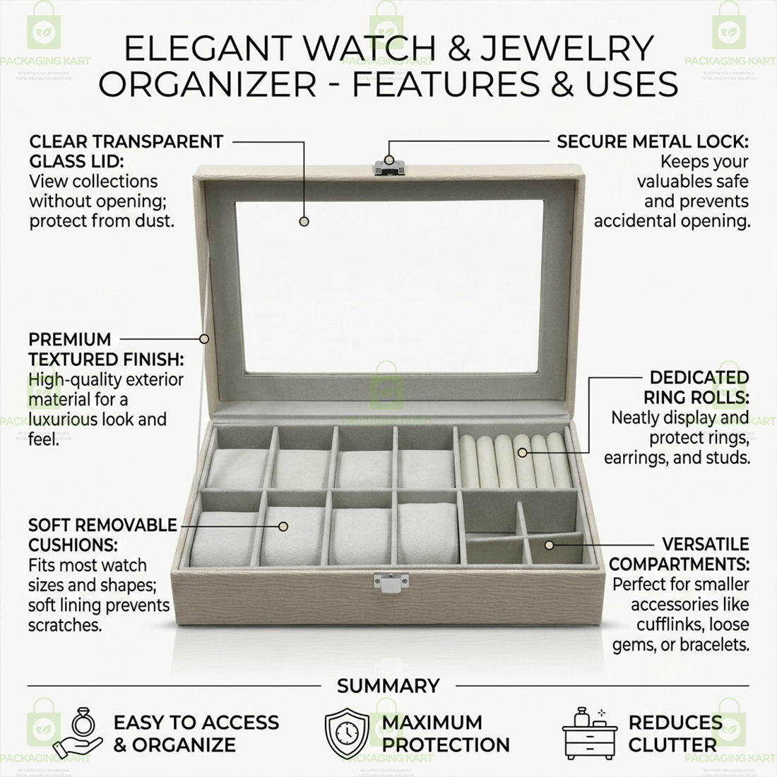 Premium Velvet Watch Storage Box with 8 Compartments & Jewellery Organizer