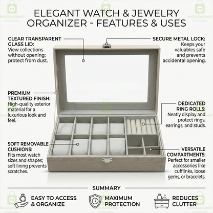 Premium Velvet Watch Storage Box with 8 Compartments & Jewellery Organizer
