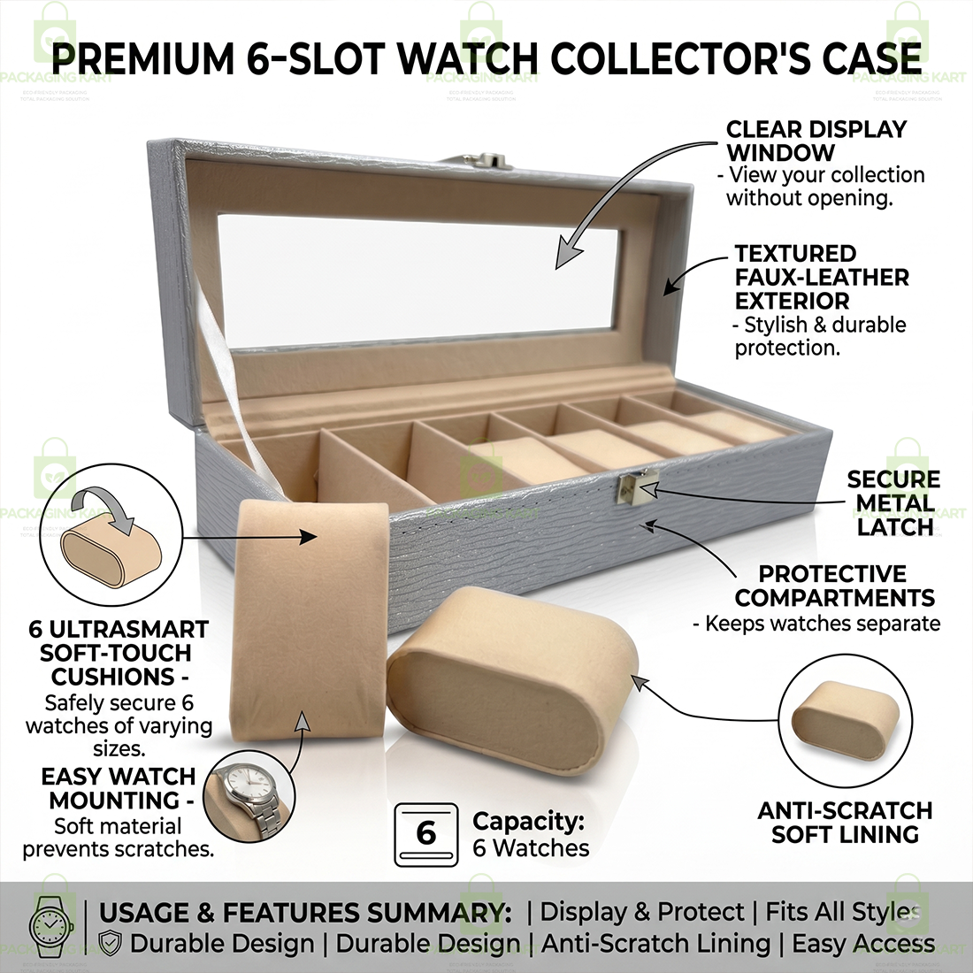 Designer Leather Watch Storage Box with 6 Velvet Watch Slots