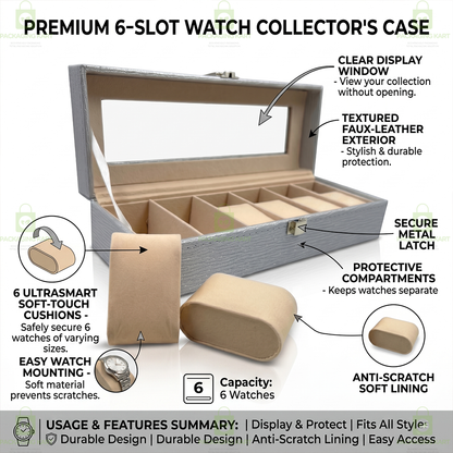 Designer Leather Watch Storage Box with 6 Velvet Watch Slots