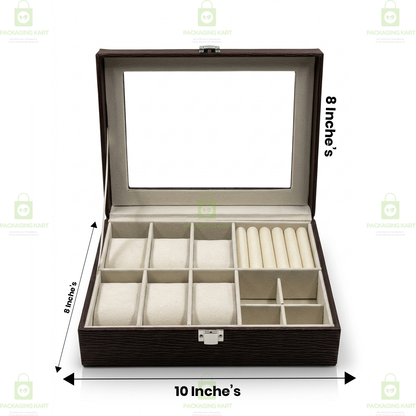 Premium Velvet Watch Storage Box with 8 Compartments & Jewellery Organizer