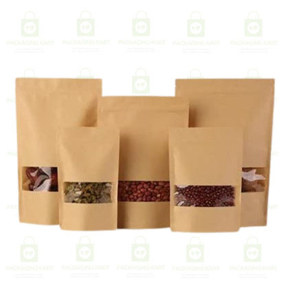 Brown Kraft Paper Zip lock Stand Up Pouches Food Grade Storage Bags with Transparent Window | Airtight Reusable for Dry Fruits, Snacks, Spices