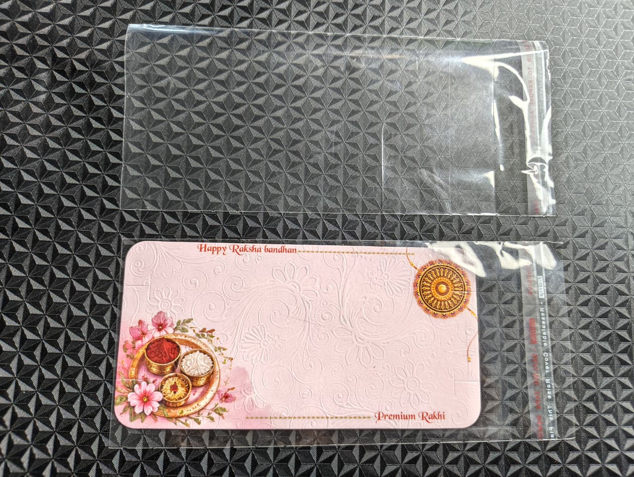 Printed Couple Rakhi Card with Self-Sealing Poly Bag for Rakhi Packaging